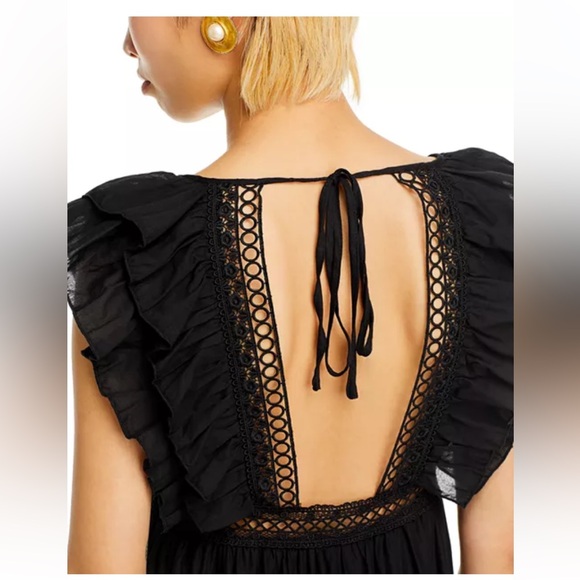 AQUA NWT Ruffled Back Cutout Lined Cotton Whimsigoth Black Midi Dress Size Small - Picture 5 of 11